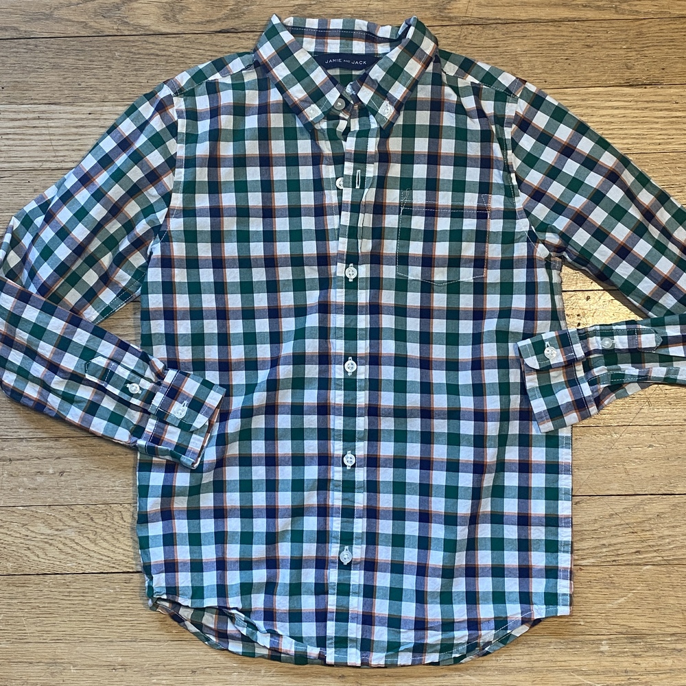 Janie and Jack Boys Gingham Poplin Button-Up Dress Shirt Green (Size 7)
